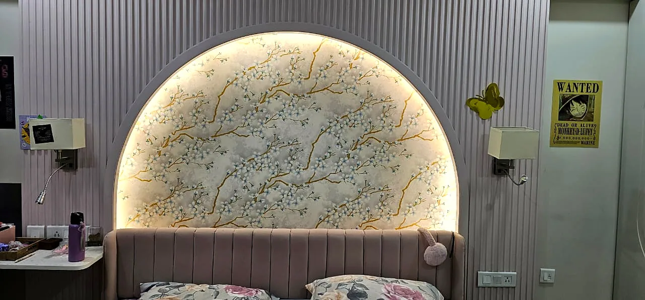 Bedroom headboard and feature-wall detail