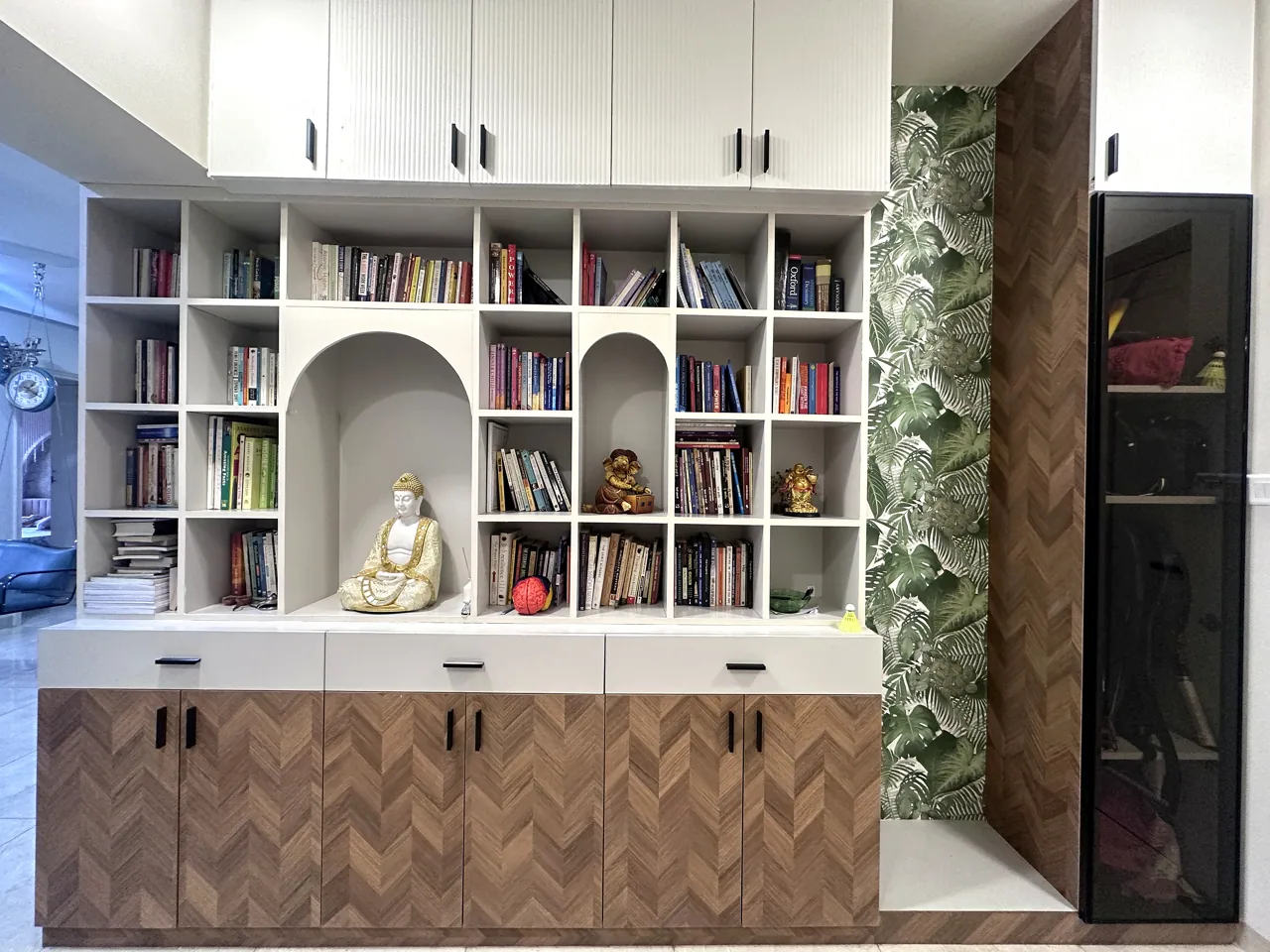 Closer view of the custom display shelves