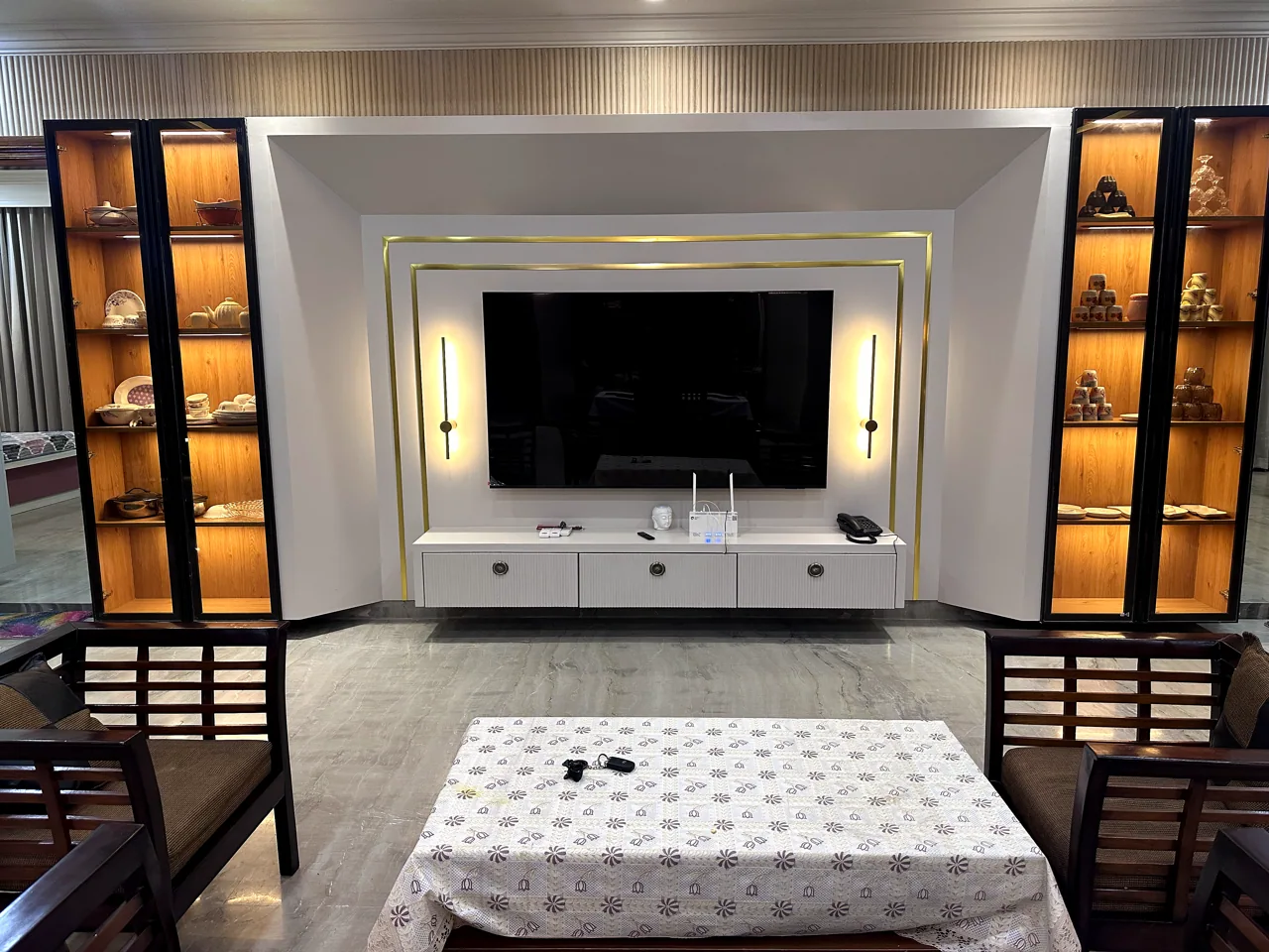 Alternate view of the media wall and living area
